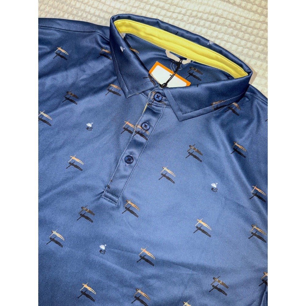 Swannies Pier Polo Mens Large Navy Sunbather Swan Print Golf Shirt